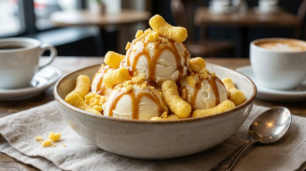 Close-up of vanilla ice cream topped with crunchy Banana Kick corn puffs and caramel syrup, a popular way to eat Blackpink Jennie's favorite Korean snack.