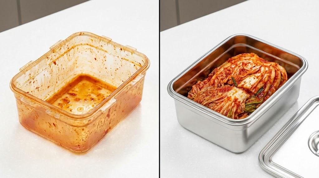 Best stainless steel food containers for kimchi compared to stained plastic container with red sauce marks