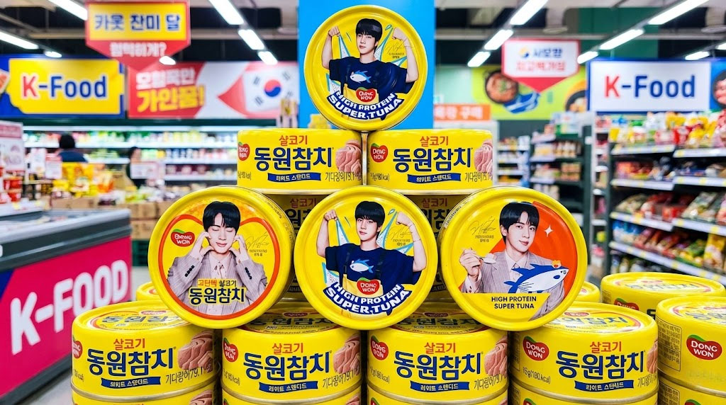 BTS Jin collaboration Dongwon Super Tuna cans at Lotte Mart