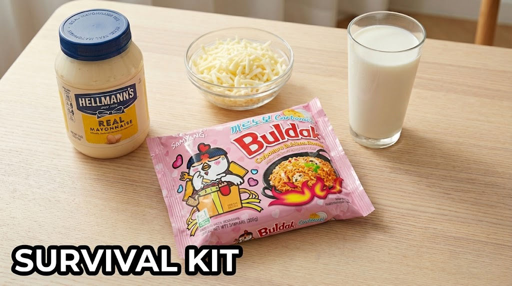 Ingredients for how to eat Buldak Ramen Carbonara including cheese milk and mayo