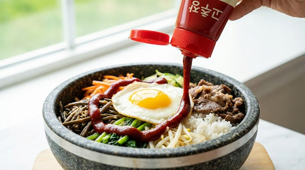 squeezing gochujang on bibimbap with leftover vegetables