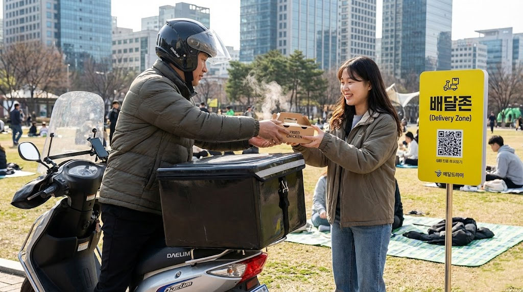 Dynamic scene of receiving chicken at a delivery zone in Han River Park, showcasing the unique Korean delivery culture