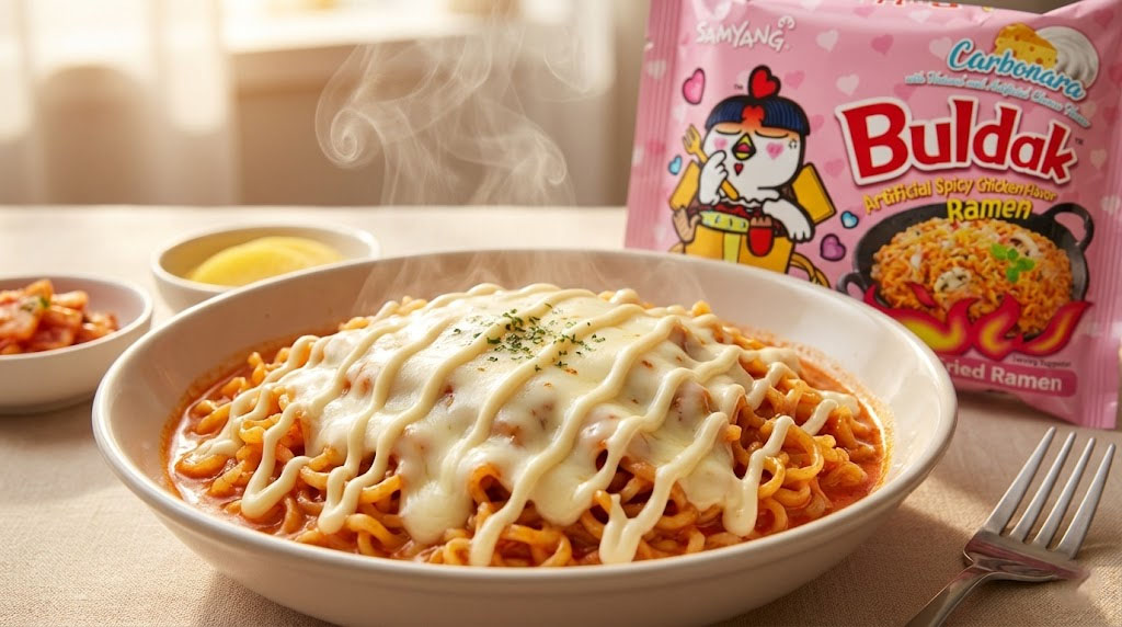 How to eat Buldak Ramen Carbonara with melted mozzarella cheese survival hack