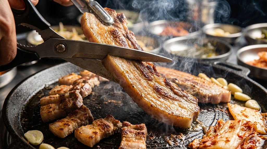 Korean kitchen shears cutting grilled meat directly on a hot barbecue grill