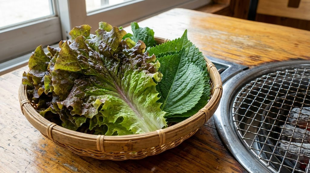 Basket of fresh Korean BBQ ssam vegetables including sangchu lettuce and kkaennip perilla leaves