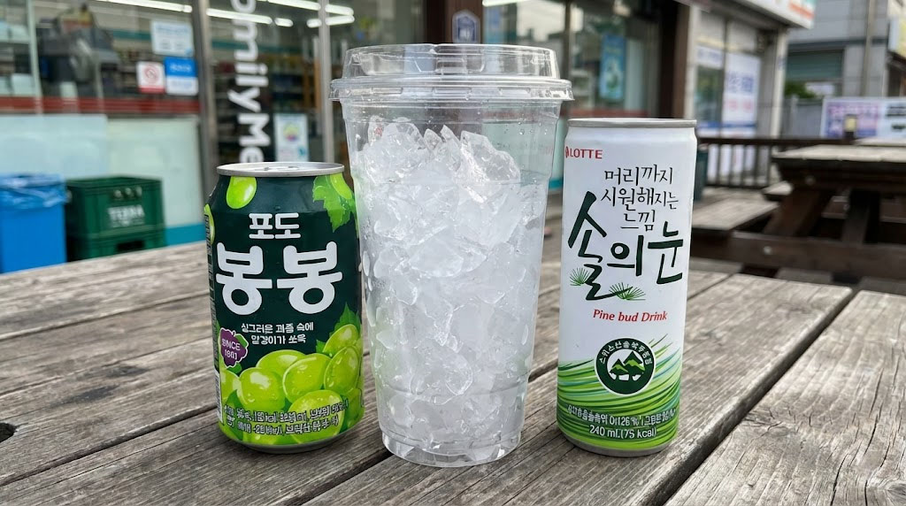 Ingredients for the viral "Sol-ui-Bong" drink hack: Sol-ui-nun (Pine Bud Drink), Grape Bonbon, and a plastic Ice Cup on a wooden table outside a Korean convenience store.