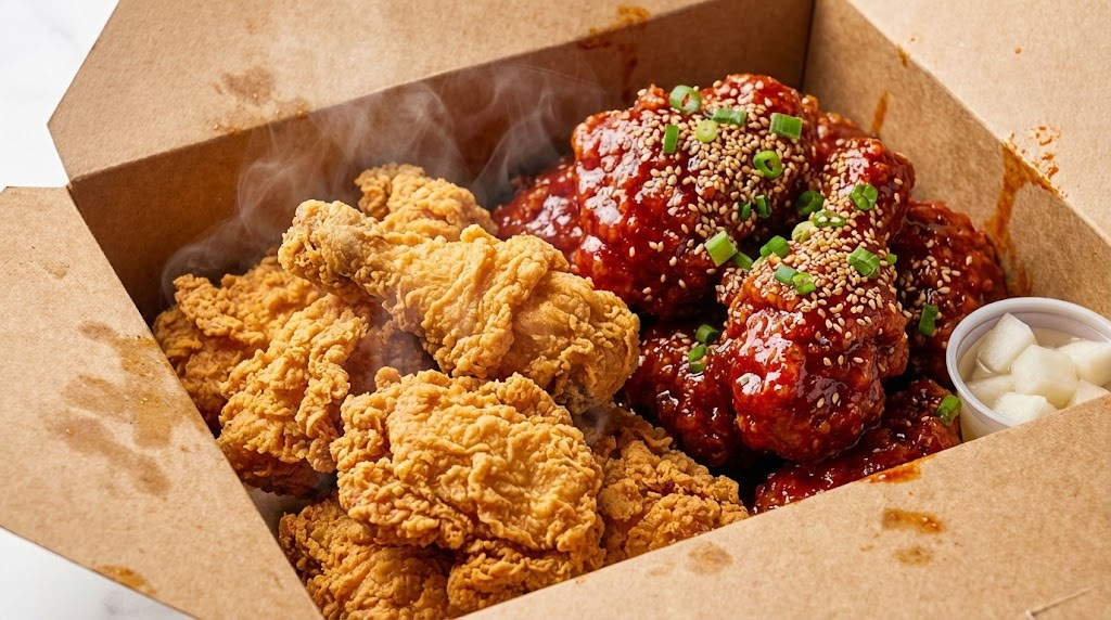 Close-up shot showing the thin, crispy batter and sweet spicy sauce texture of Korean double-fried half-and-half chicken
