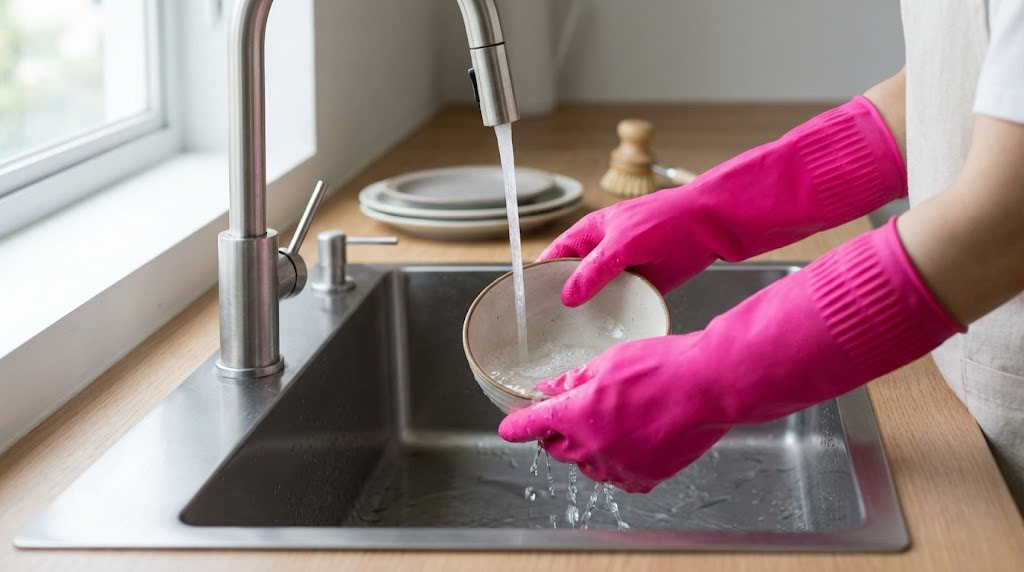 Hands wearing pink rubber gloves washing dishes in a modern Korean kitchen