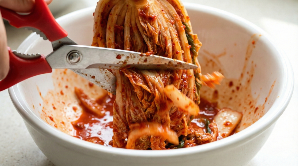 Korean kitchen shears cutting kimchi inside a bowl without a cutting board