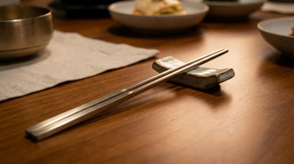 Close up of Korean metal chopsticks showing flat stainless steel rectangular design
