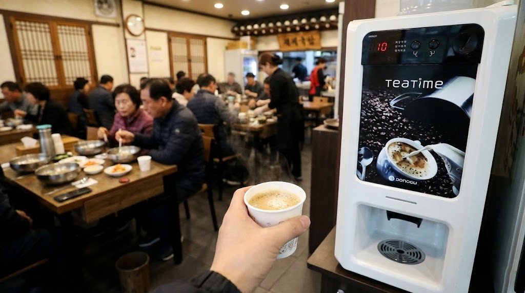 Korean restaurant coffee machine serving Maxim Mocha Gold in a small paper cup