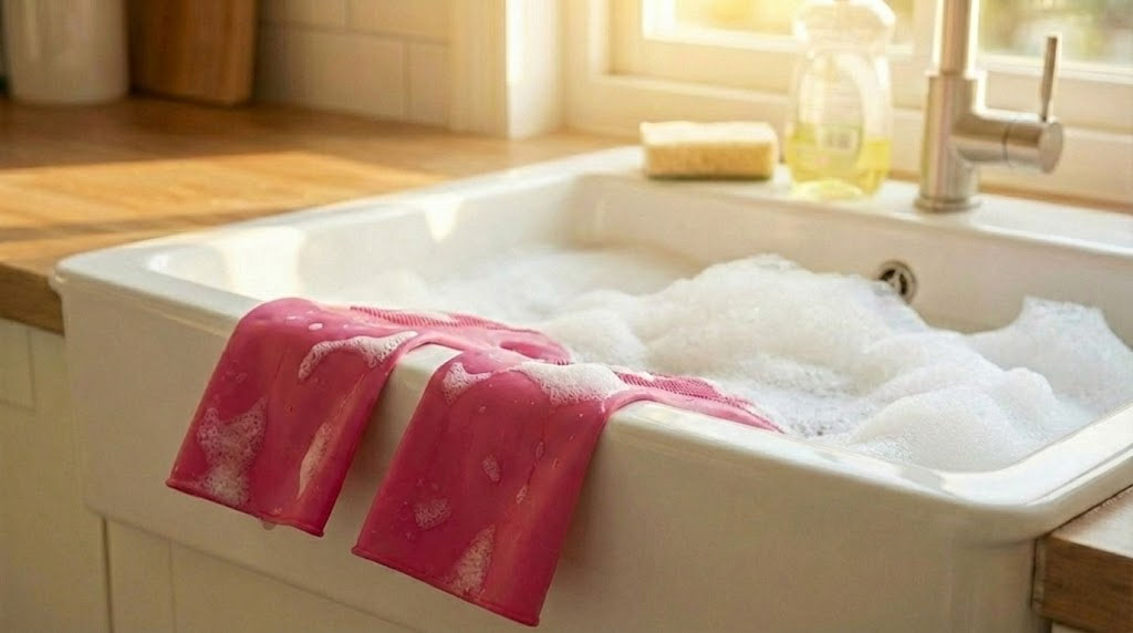 Bright pink Korean rubber gloves (Mamison style) on a white kitchen sink with soap bubbles