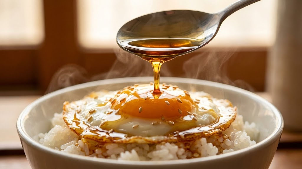 Korean sesame oil drizzled over rice and fried egg as a finishing oil