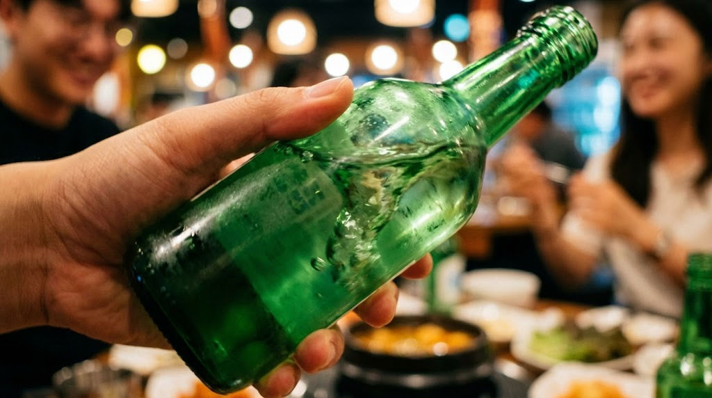 Creating a tornado inside a green Korean soju bottle before drinking
