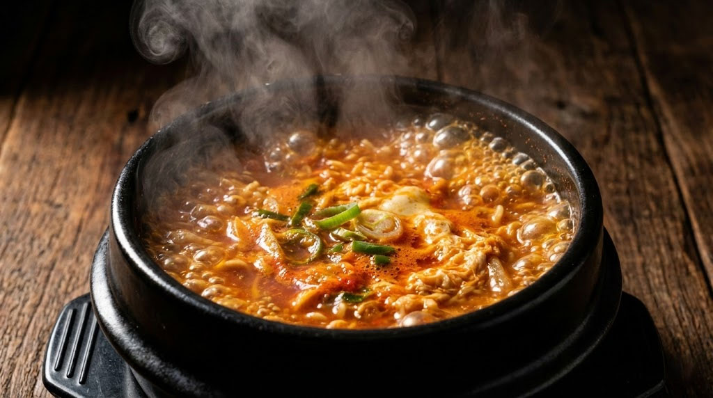 boiling ramen in a korean stone bowl ddukbaegi