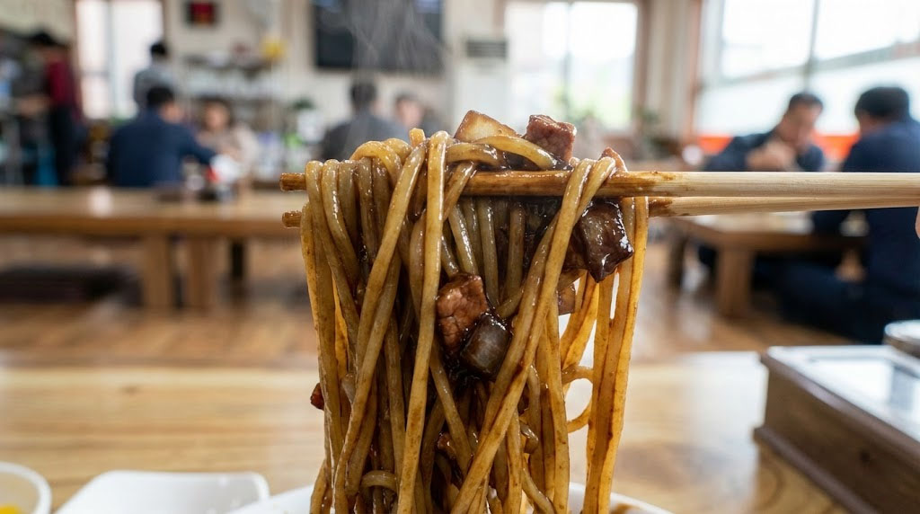 Mixing Korean Jajangmyeon black bean noodles with chopsticks before eating