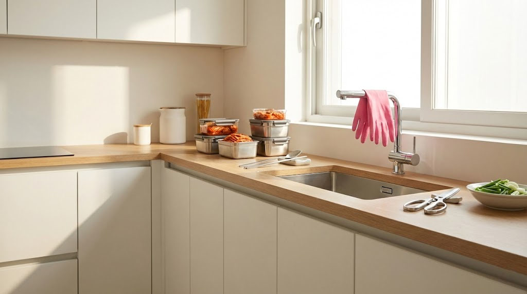 Modern Korean kitchen culture with stainless steel containers and traditional cooking tools