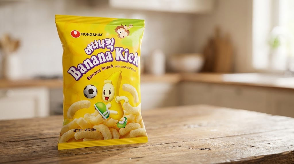 Bag of Nongshim Banana Kick, Blackpink Jennie favorite snack, sitting on a table