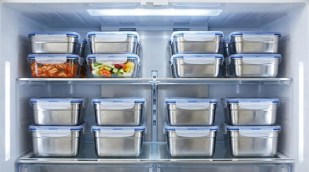 Organized refrigerator with stacked stainless steel food containers for kimchi and meal prep