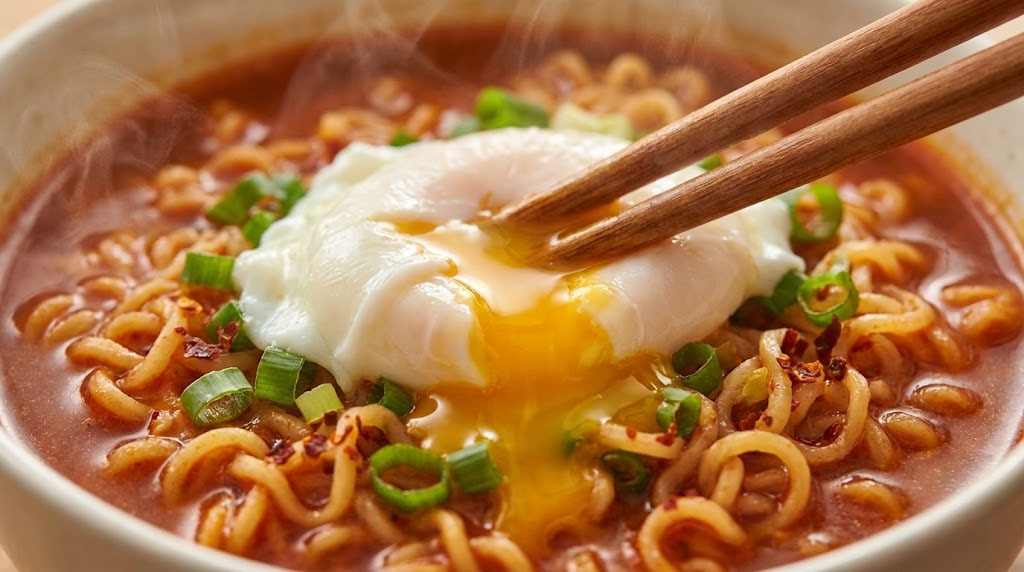 soft poached egg on Shin Ramyun noodles