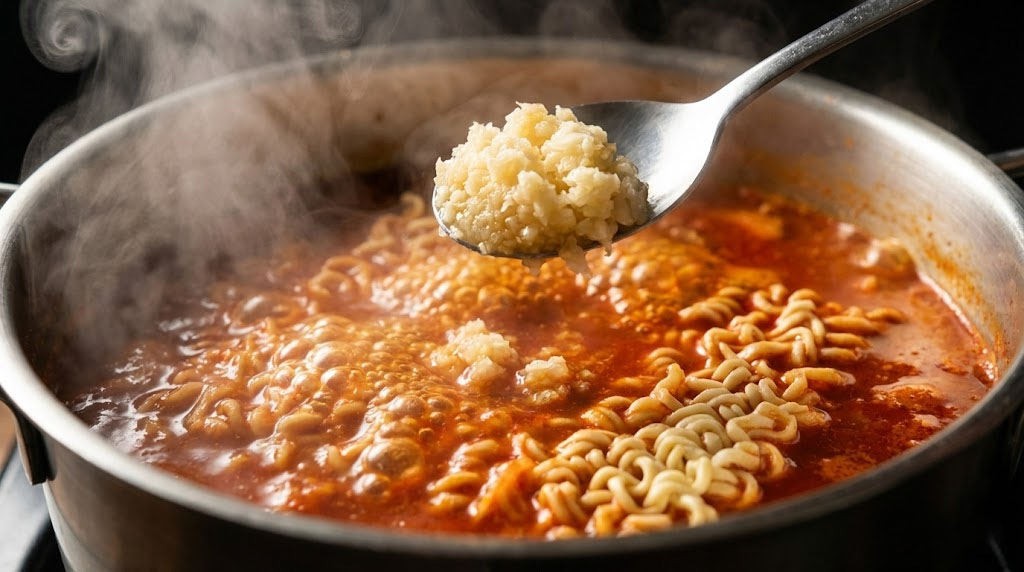 adding minced garlic to spicy Shin Ramyun