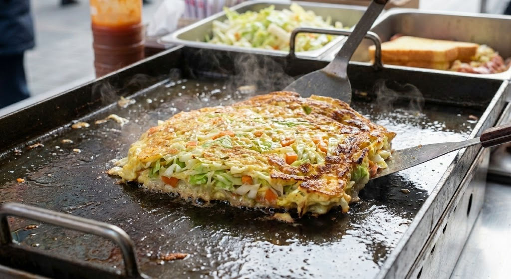 Cabbage egg omelet cooking on a flat griddle for Korean street toast