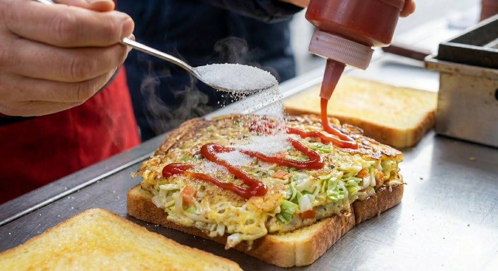 Korean street toast being topped with sugar and ketchup at a street food stall in Seoul